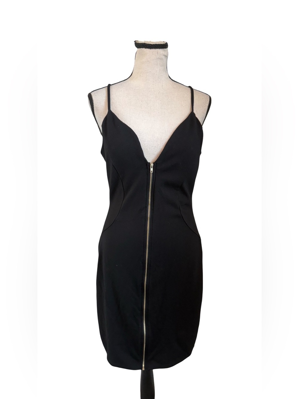 Haute Monde Black Bodycon Mini Dress XL V Neck Front Zip Stretch Cocktail